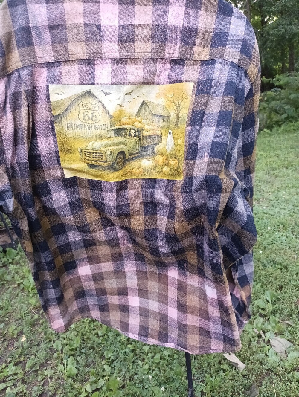Upcycled Flannel Fall Halloween Old Truck Primitive Bleached Curated Large